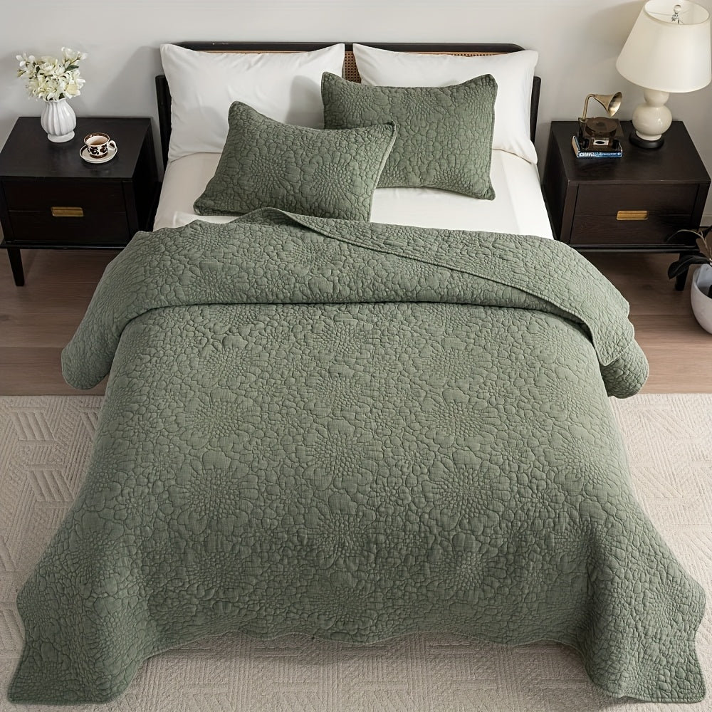 3pcs Stonewashed Cotton Reversible Floral Quilt Set Bedspreads, Real Quilting Soft & Breathable Quilt, All Seasons Lightweight Bedspread, Master Suites Or Guest Rooms Bedding Set (1 Quilt, 2 Pillow Shams), Machine Washable.