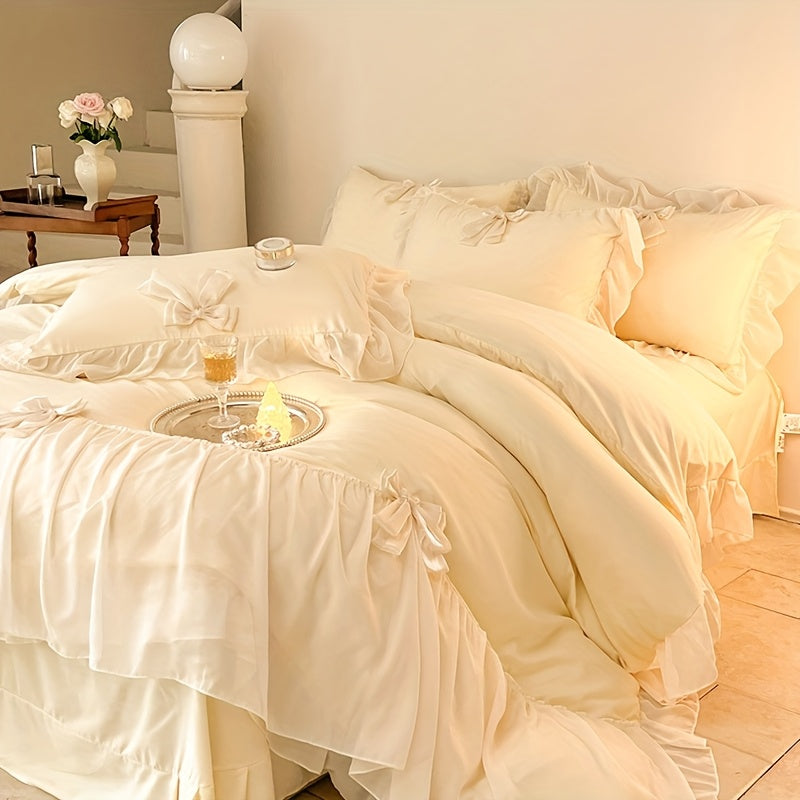 Light Luxury High-end Four Piece Bedding Set with Embroidered Lace Stitching, Suitable for All Seasons, Including One Duvet Cover, One Bed Sheet, And Two Pillowcases, Without A Core