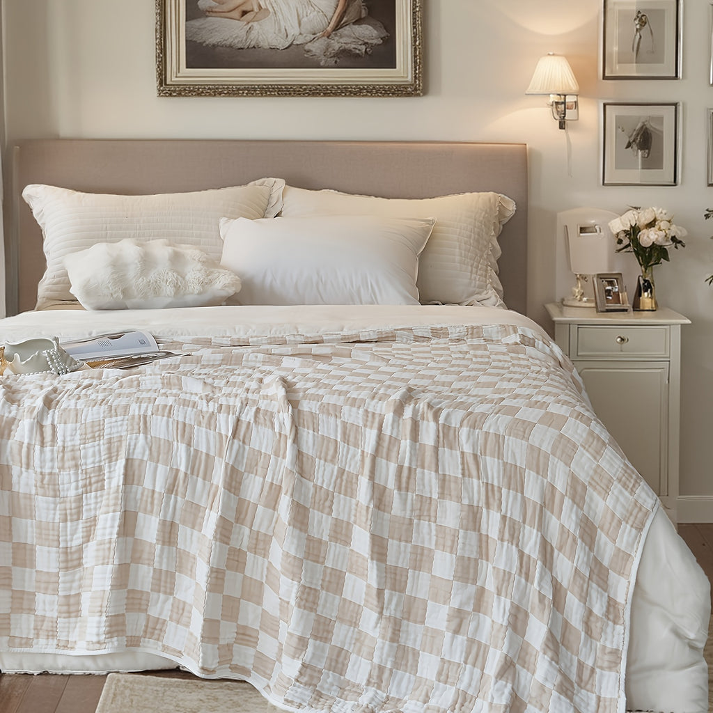 Ultra-Soft 100% Cotton Gauze Blanket - Lightweight, Breathable & Machine Washable - Perfect for Sofa, Bed, Travel & Outdoor Use - Versatile Checkerboard Design