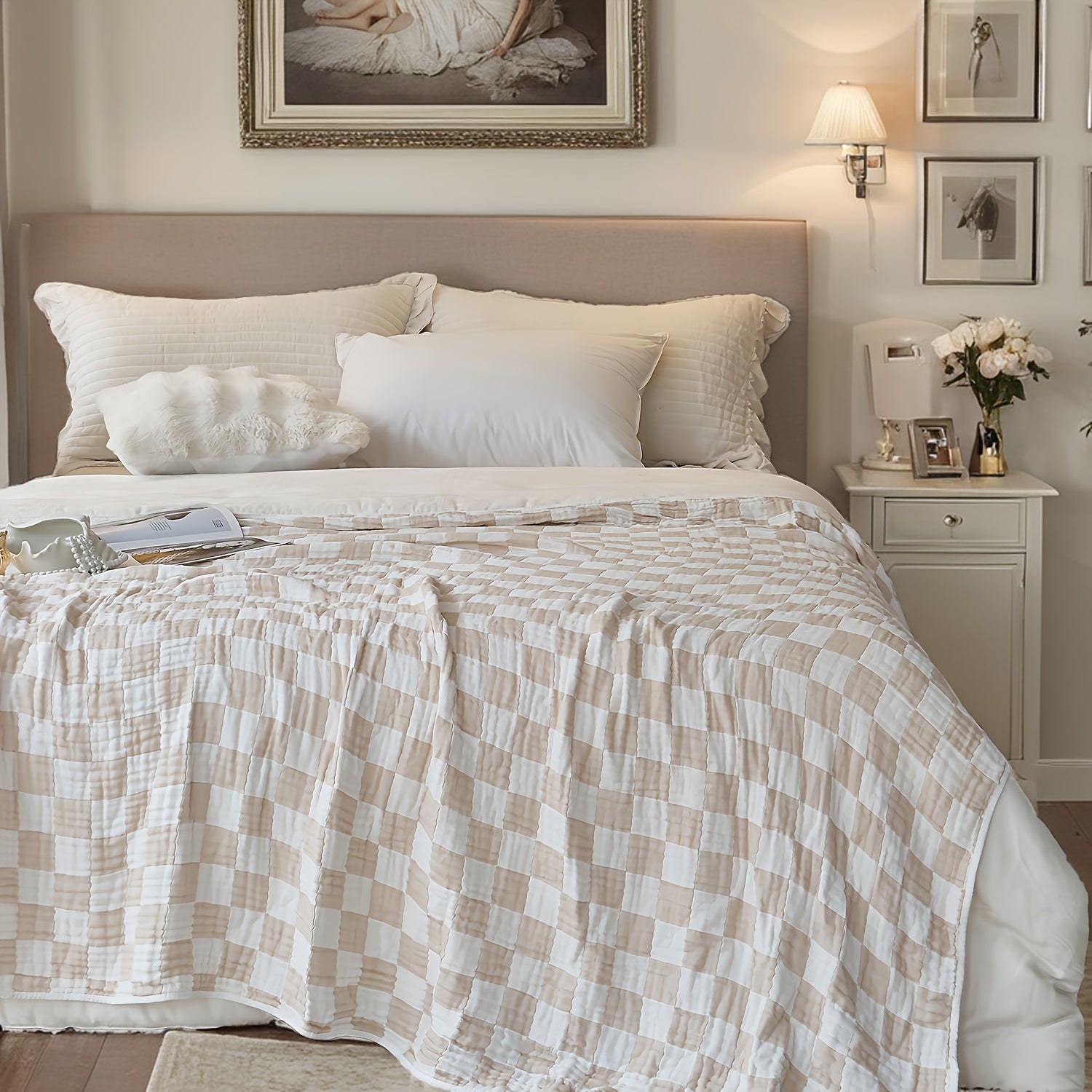 Ultra-Soft 100% Cotton Gauze Blanket - Lightweight, Breathable & Machine Washable - Perfect for Sofa, Bed, Travel & Outdoor Use - Versatile Checkerboard Design