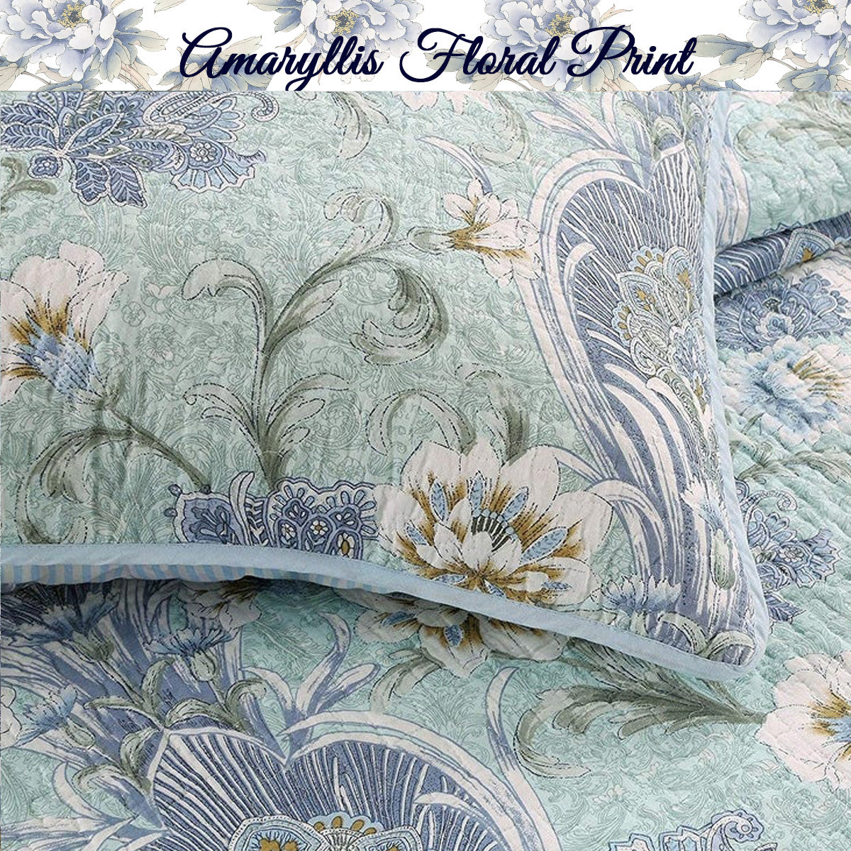 100 Cotton Floral Aqua Teal Blue Reversible Quilt Bedding Set, Lightweight Bedspread Coverlet for All Seasons