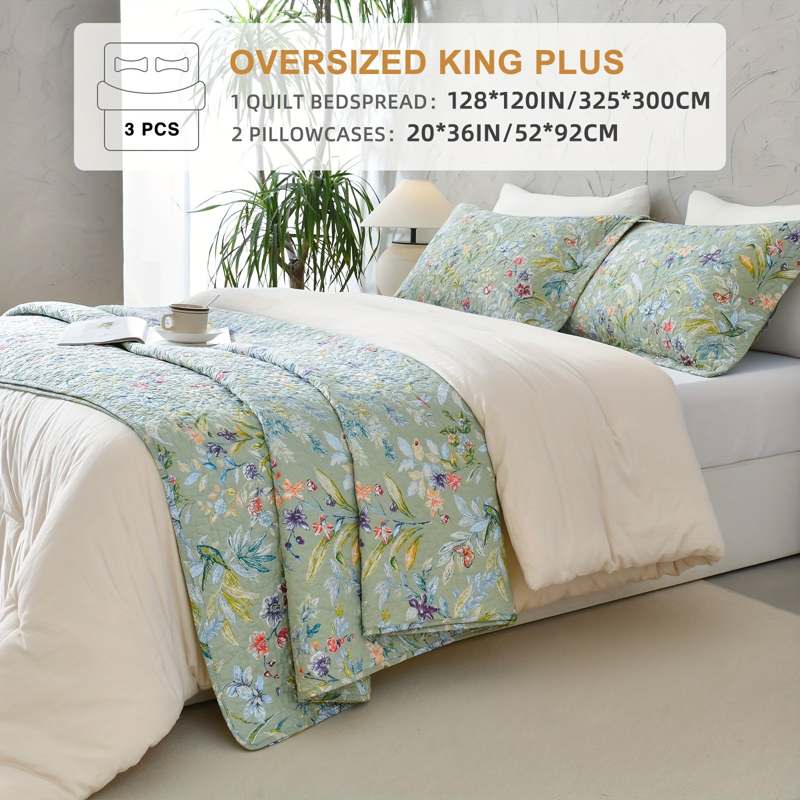100% Cotton Floral Quilt - Green Floral Quilted Bedspreads Set, 3pcs Green Flower Bird Butterfly Print Botanical Quilt Bedding Coverlet Summer Soft Lightweight Aesthetic Bedding
