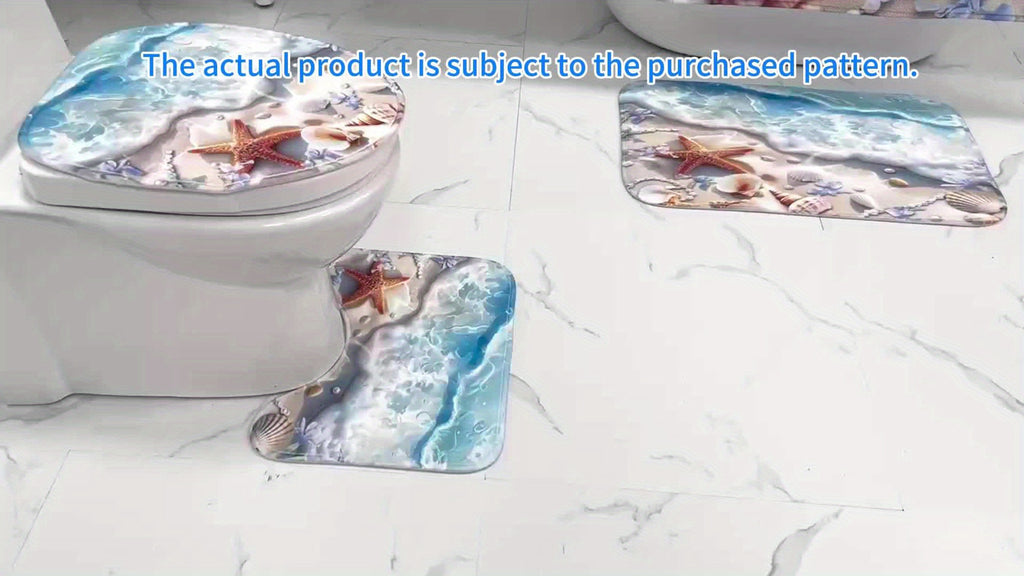 1\u002F4pcs - Beach Shower Curtain Set, Dreamy Waves Beach Flowers Starfish Shells Ocean Waterproof Shower Curtain With 12 Hooks, Non-slip Bathroom Floor Mat, Toilet U-shaped Mat, Cover Mat, Shower Decoration Accessories