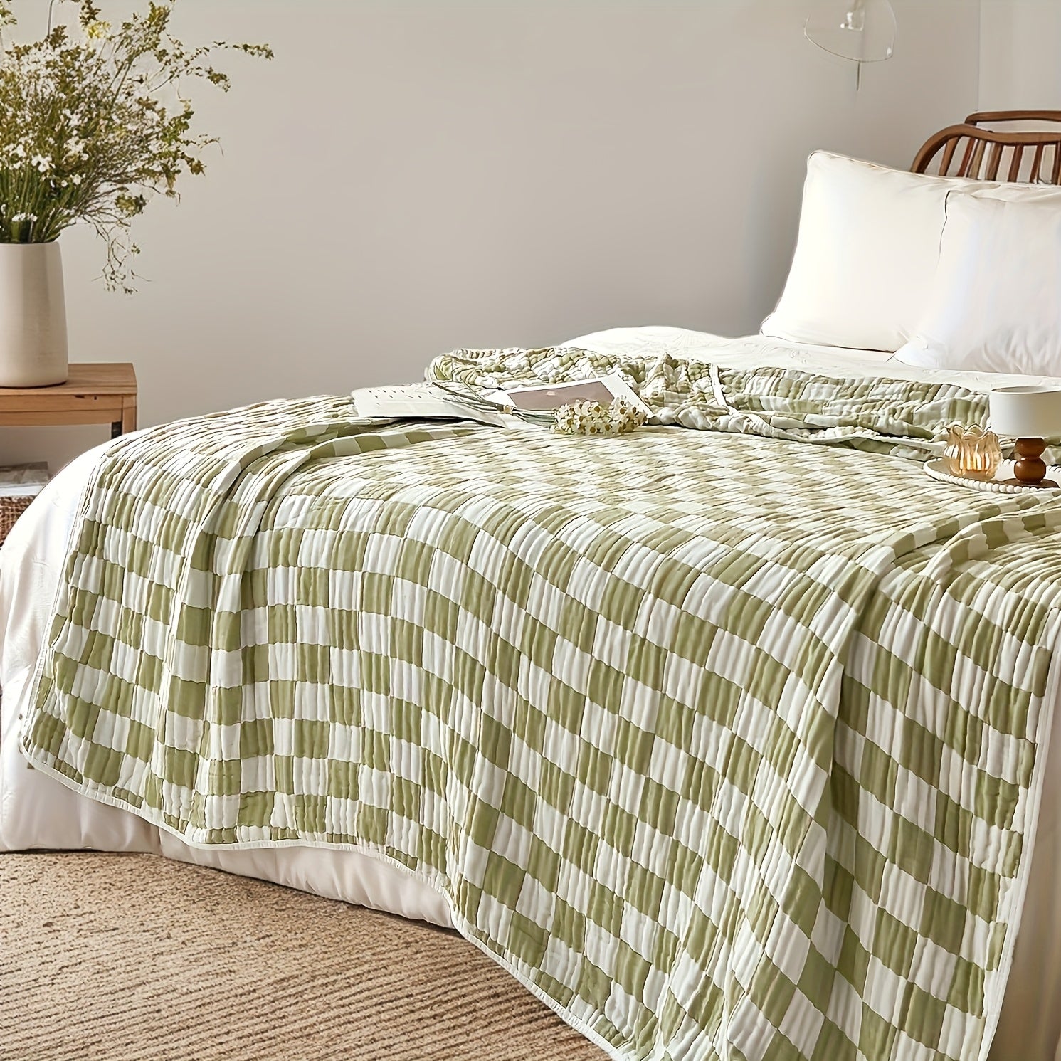 Ultra-Soft 100% Cotton Gauze Blanket - Lightweight, Breathable & Machine Washable - Perfect for Sofa, Bed, Travel & Outdoor Use - Versatile Checkerboard Design