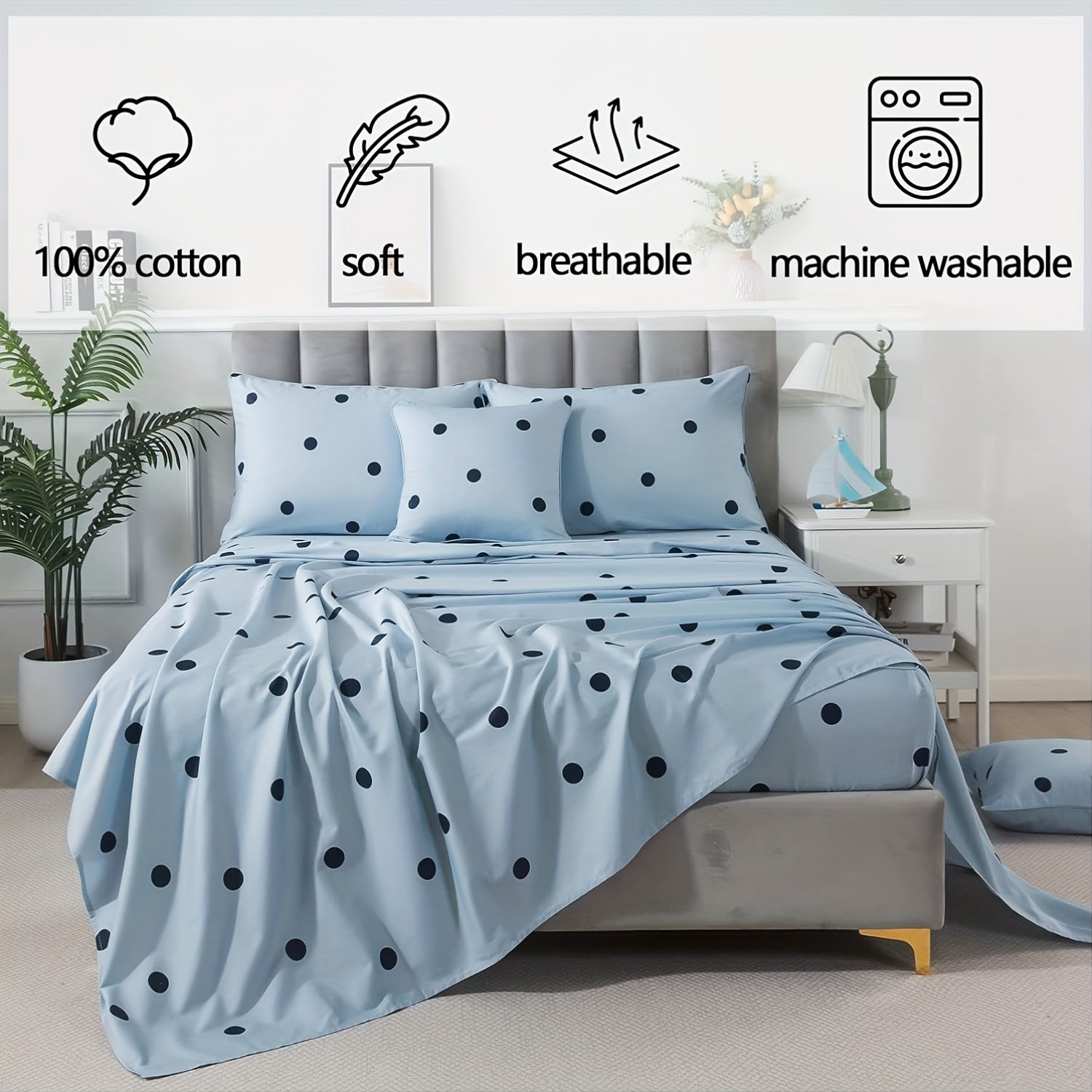 Light Blue Polka Dot Sheets 100% Cotton Geometric Bedding Teens Modern Circle Pattern College Bedding Deep Pocket Sheets With 2 Pillowcases Ultra Soft 4pcs