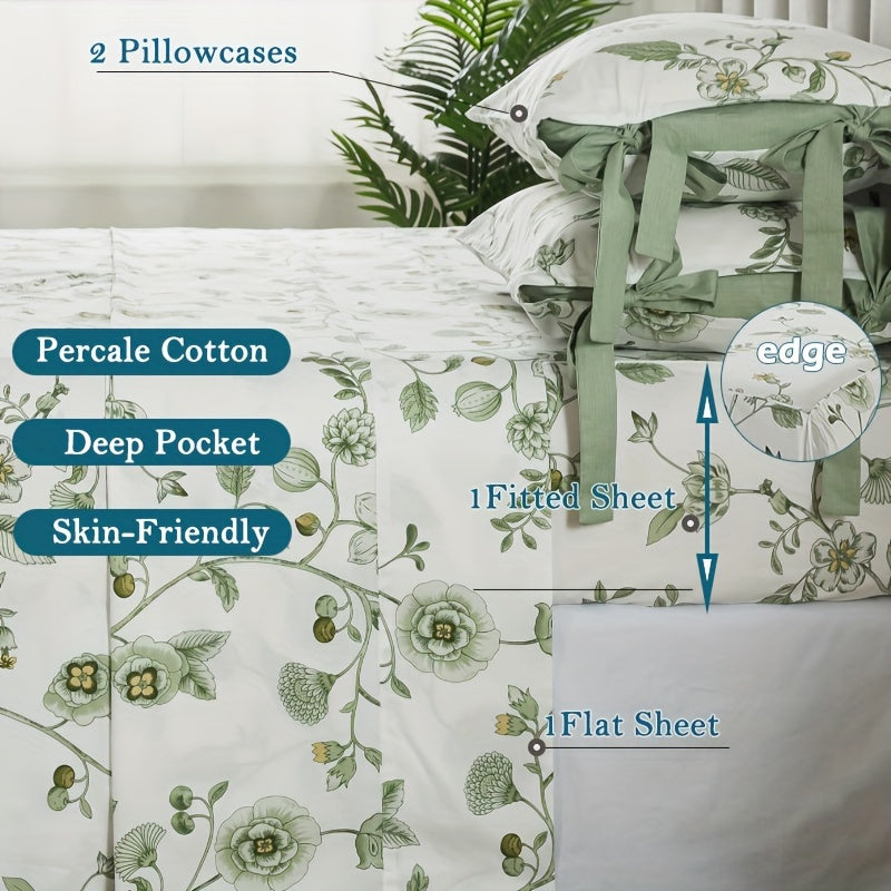 Green Floral Bed Sheets 100% Percale Cotton 4pcs Deep Pocket Botanical Sheets Flower Leaves Print Super Soft Breathable Cooling Crisp White Sheets for All Season