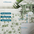 Green Floral Bed Sheets 100% Percale Cotton 4pcs Deep Pocket Botanical Sheets Flower Leaves Print Super Soft Breathable Cooling Crisp White Sheets for All Season