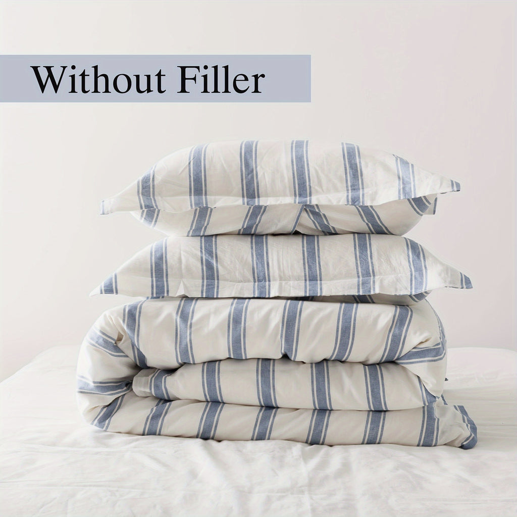 Queen Size Linen And Cotton Comforter Set 3 Pcs, Farmhouse Striped Comforter Set, Soft And Breathable Bedding, 55% Linen, 45% Cotton, Includes 1 Comforter, 2 Pillowcases