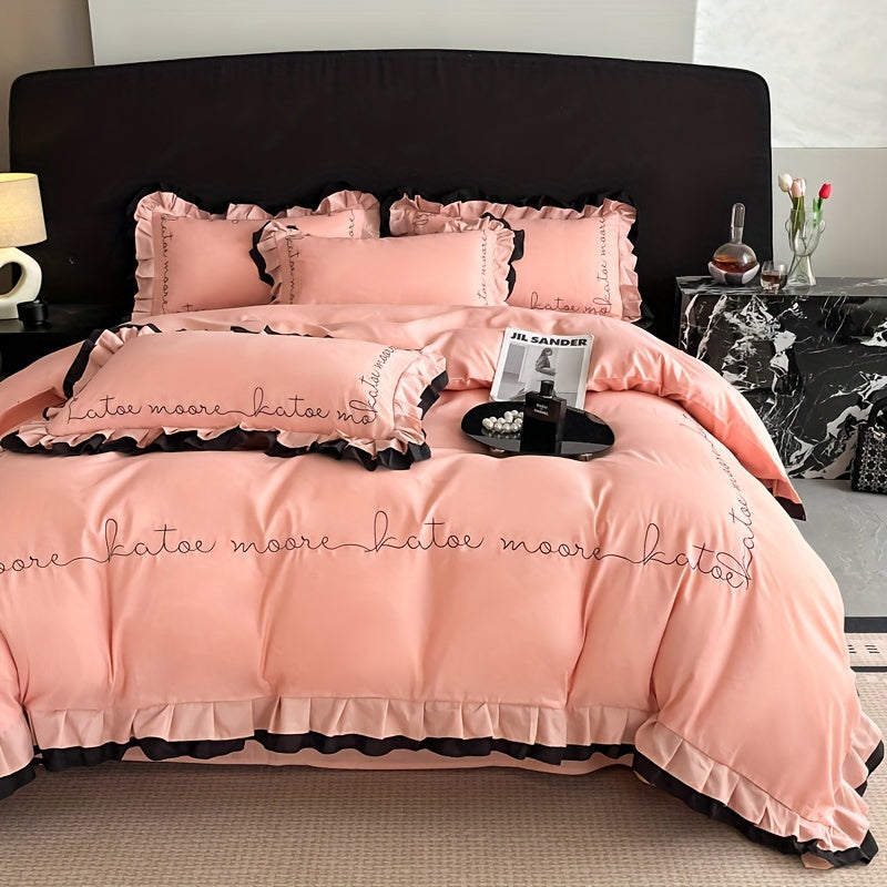 Advanced Embroidery Washed Four Piece Set with Ruffled Edges Bedding That Can Be Machine Washed for All Seasons: Includes One Duvet Cover, One Bed Sheet, Two Pillowcases, Without A Core