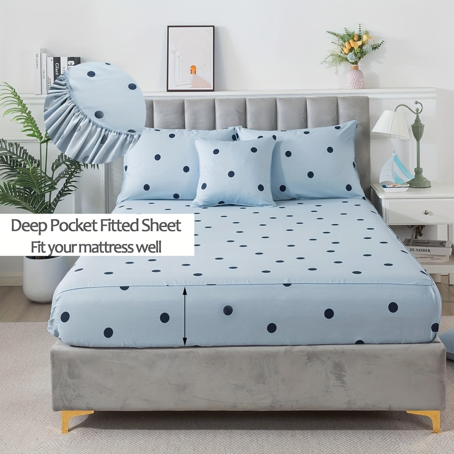 Light Blue Polka Dot Sheets 100% Cotton Geometric Bedding Teens Modern Circle Pattern College Bedding Deep Pocket Sheets With 2 Pillowcases Ultra Soft 4pcs