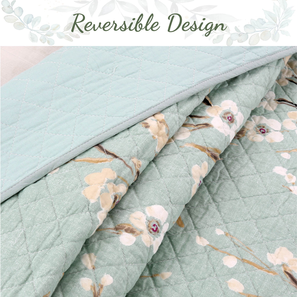 100 Cotton Floral Aqua Teal Blue Reversible Quilt Bedding Set, Lightweight Bedspread Coverlet for All Seasons