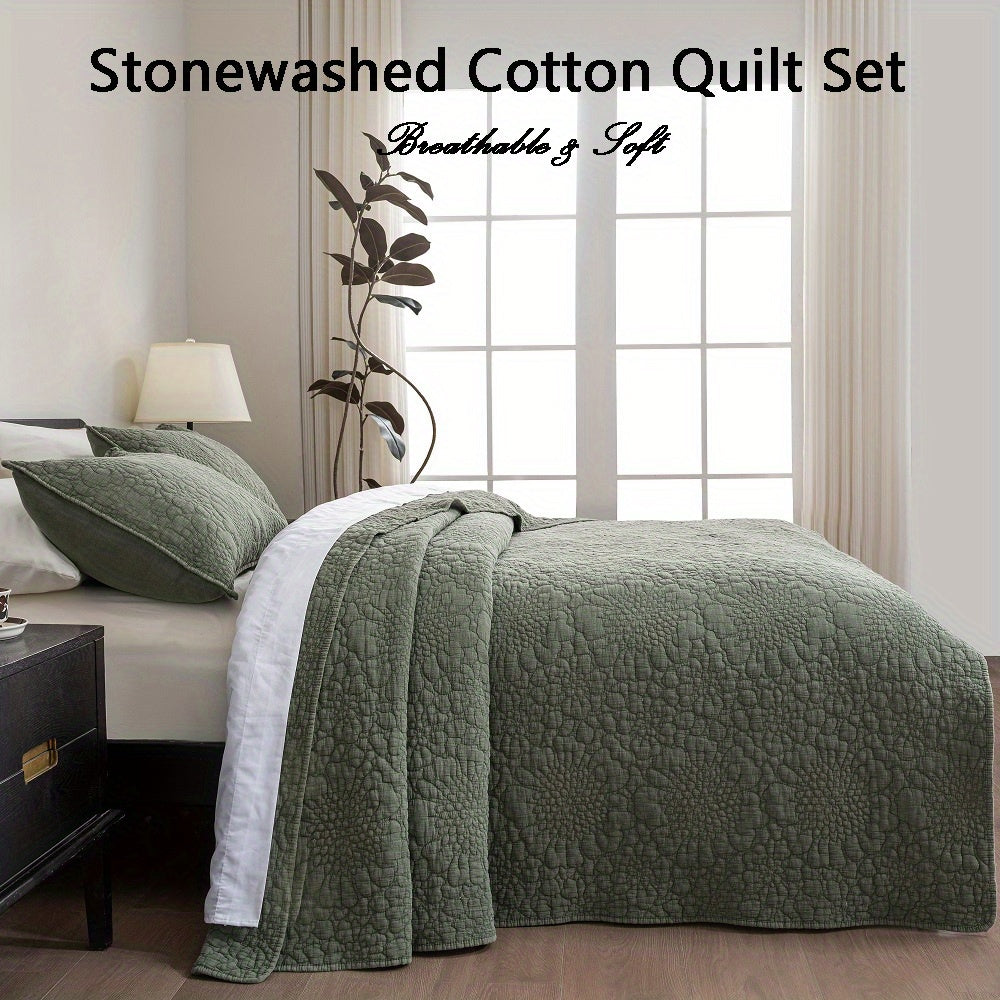3pcs Stonewashed Cotton Reversible Floral Quilt Set Bedspreads, Real Quilting Soft & Breathable Quilt, All Seasons Lightweight Bedspread, Master Suites Or Guest Rooms Bedding Set (1 Quilt, 2 Pillow Shams), Machine Washable.