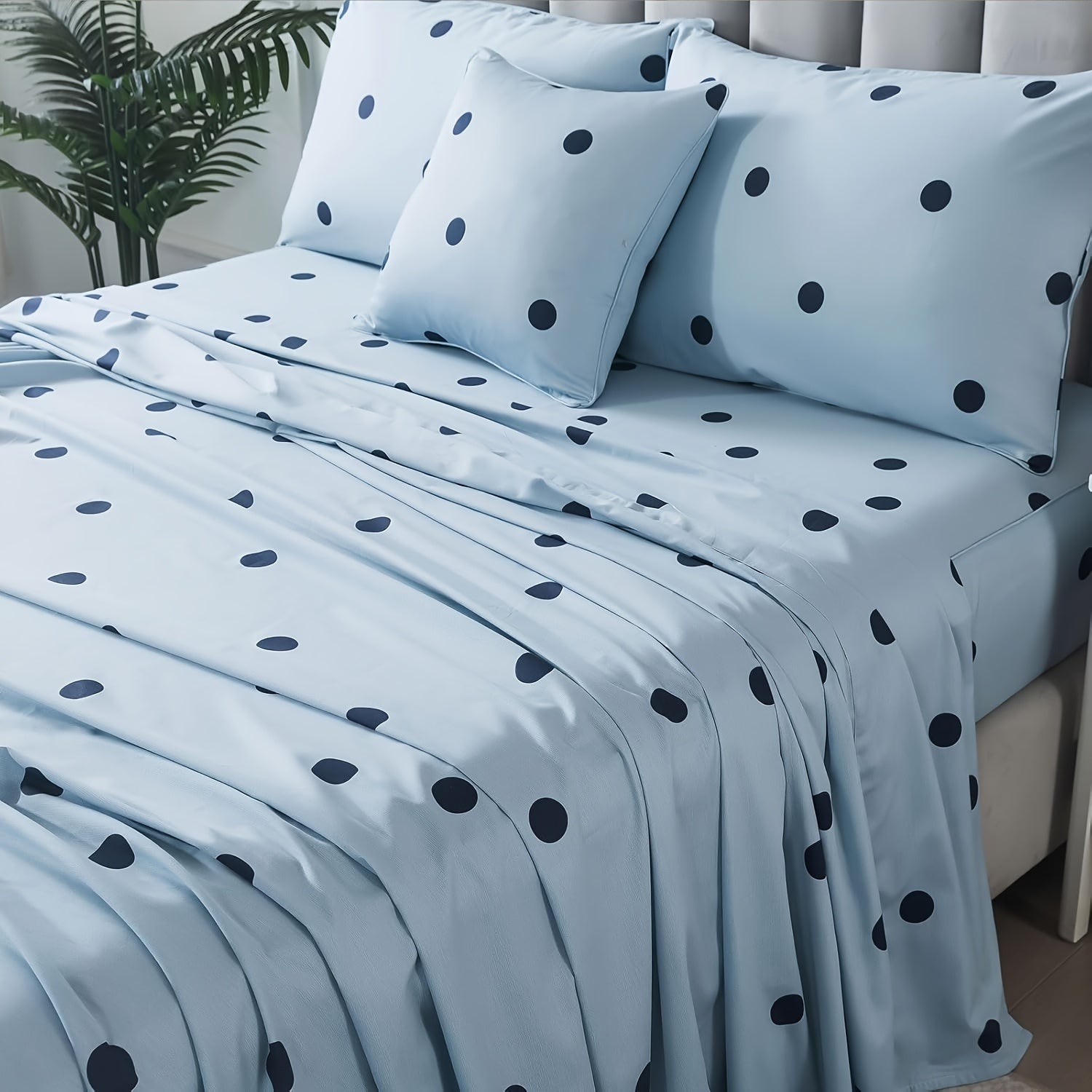 Light Blue Polka Dot Sheets 100% Cotton Geometric Bedding Teens Modern Circle Pattern College Bedding Deep Pocket Sheets With 2 Pillowcases Ultra Soft 4pcs