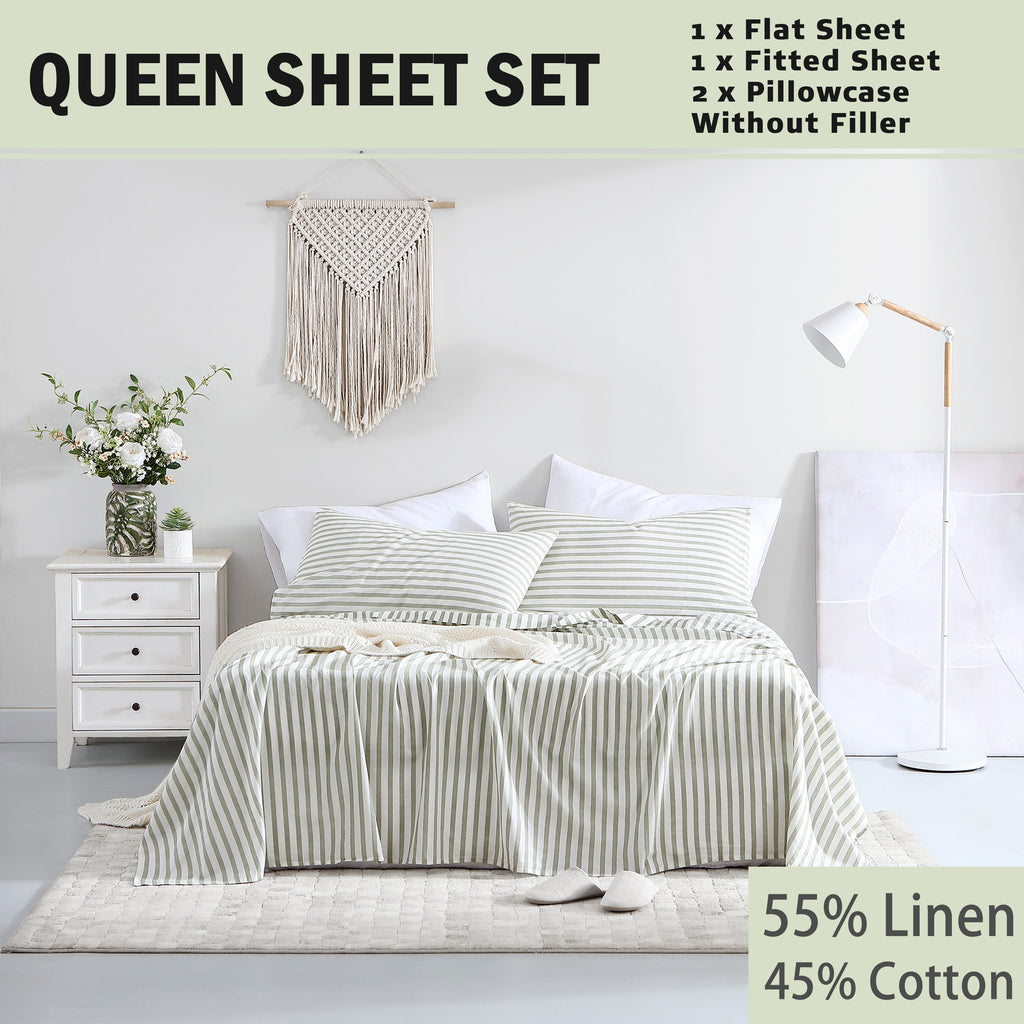 Queen Sheet Set 4 Pcs - 55% Linen, 45% Cotton Striped Sheet Set, Farmhouse, Breathable & Soft, Include Flat Sheet X 1, Fitted Sheet X 1, Pillowcase X 2