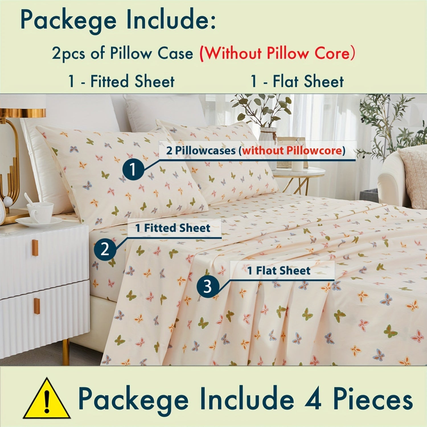 4pcs 600TC 100% Egyptian Cotton Fitted Sheet Set (1*Fitted Sheet+1*Flat Sheet+2*Pillowcase, Without Core), Luxury Colorful Butterfly Shabby Chic Bedding Set, For Guest Room Student Dorm All Seasons