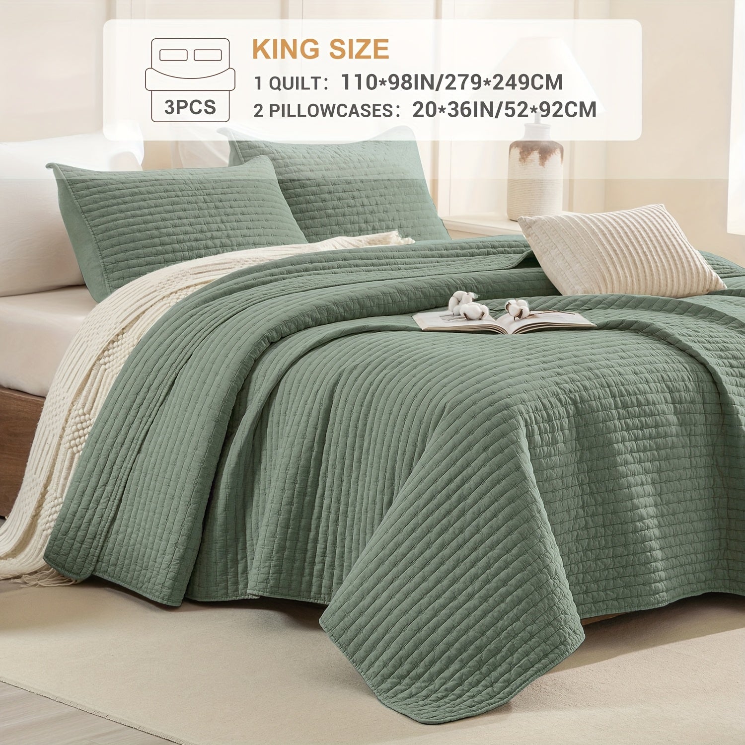 Stonewashed Cotton Coverlet, Olive Green Ultra Soft Crinkle Quilt Bedding Set 3pcs Cross Stitch Pattern Lightweight Breathable Bedspread Set for All Season