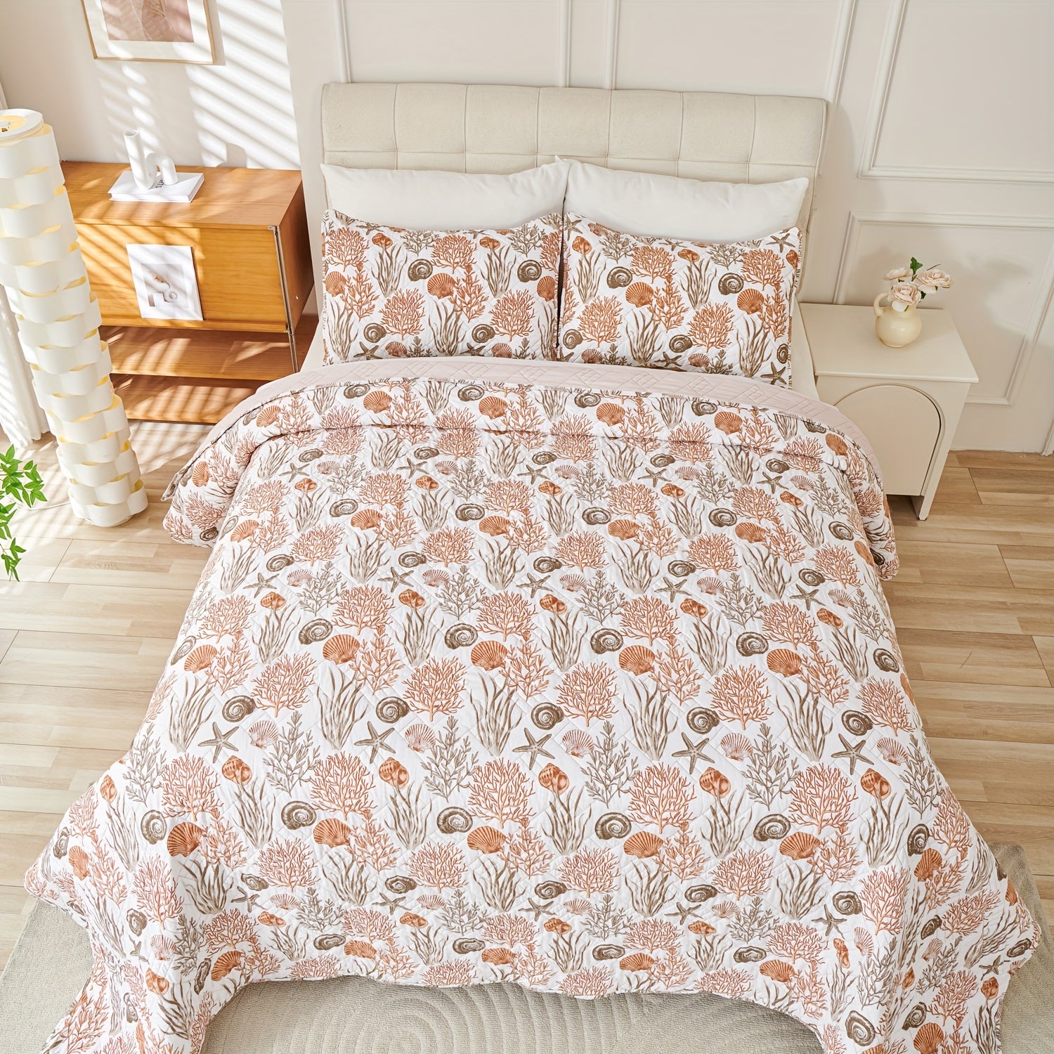 2\u002F3pcs New Ocean Shell Pattern Thin Quilt Set, Comfortable Polyester Quilt, Washable, with Pillowcase (No Filling), Suitable for Bedroom, Guest Room, Room Decoration