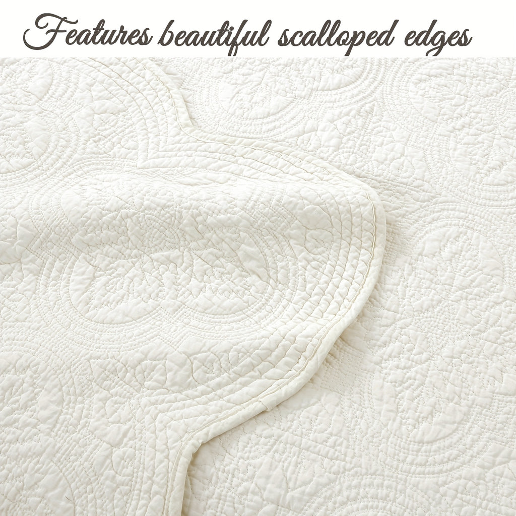 100% Cotton Medallion Solid White Embossed Bedding Quilt Set