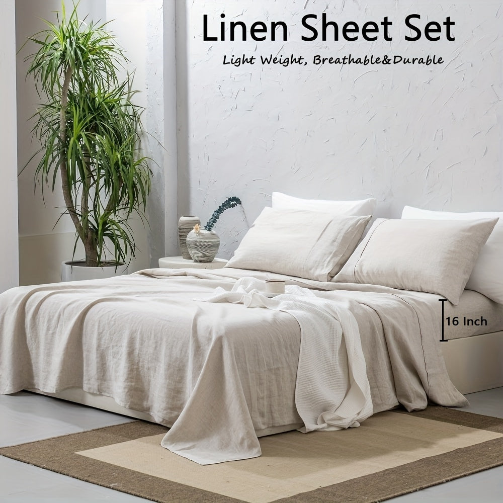 Washed French Linen Sheet Set (1 Flat Sheet, 1 Fitted Sheet & 1or2 Pillowcases), 16\