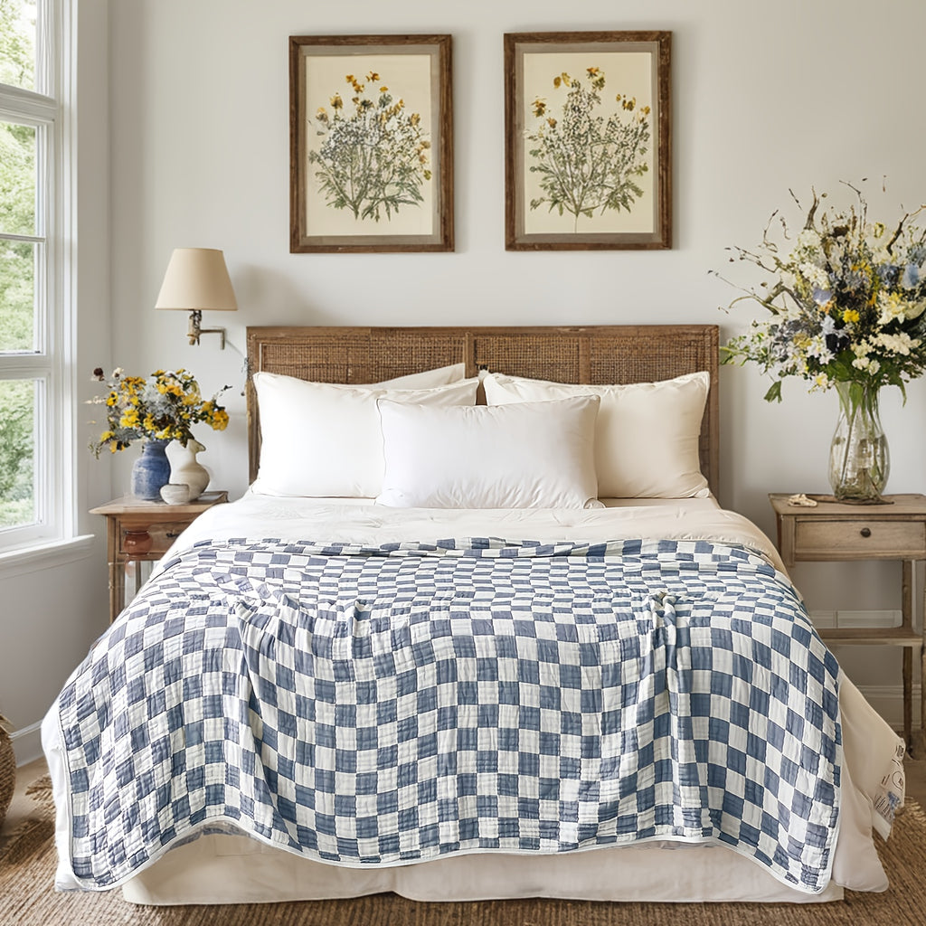 Ultra-Soft 100% Cotton Gauze Blanket - Lightweight, Breathable & Machine Washable - Perfect for Sofa, Bed, Travel & Outdoor Use - Versatile Checkerboard Design