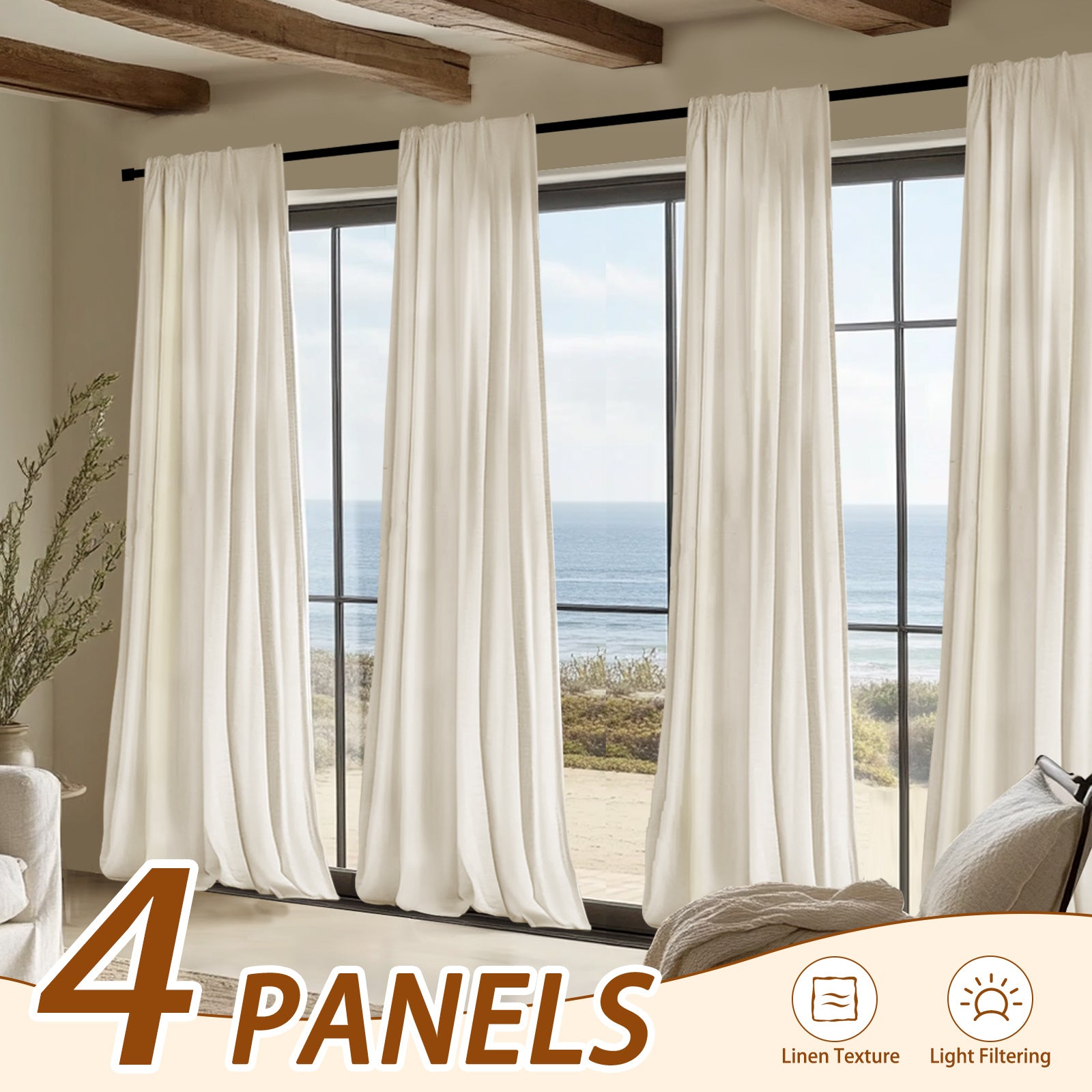 4pcs Elegant Beige Linen Curtains - Light Filtering, Rod Pocket Design for Easy Hanging, Perfect for Living Room & Bedroom - Modern Farmhouse Style, Machine Washable, Curtains for Living Room, JINCHAN