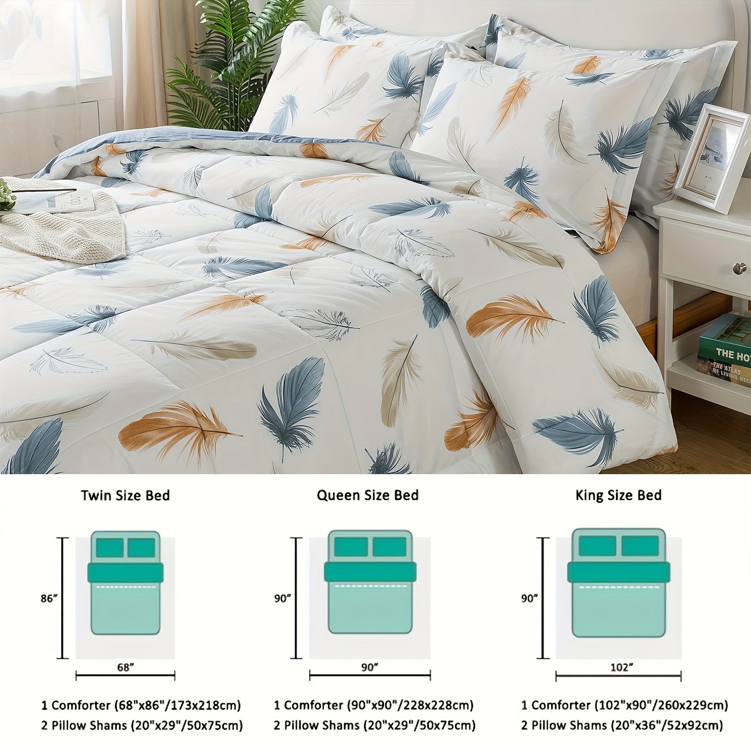 100% Cotton Feather Print Thin Bedding Comforter Set, Off White Light Blue Plume Pattern Reversible Ultra Lightweight Comforter, Elegant Farmhouse Bed Sets, for Summer, 3pcs