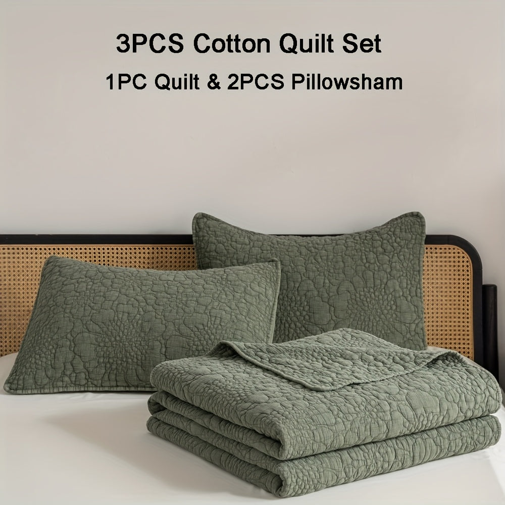 3pcs Stonewashed Cotton Reversible Floral Quilt Set Bedspreads, Real Quilting Soft & Breathable Quilt, All Seasons Lightweight Bedspread, Master Suites Or Guest Rooms Bedding Set (1 Quilt, 2 Pillow Shams), Machine Washable.