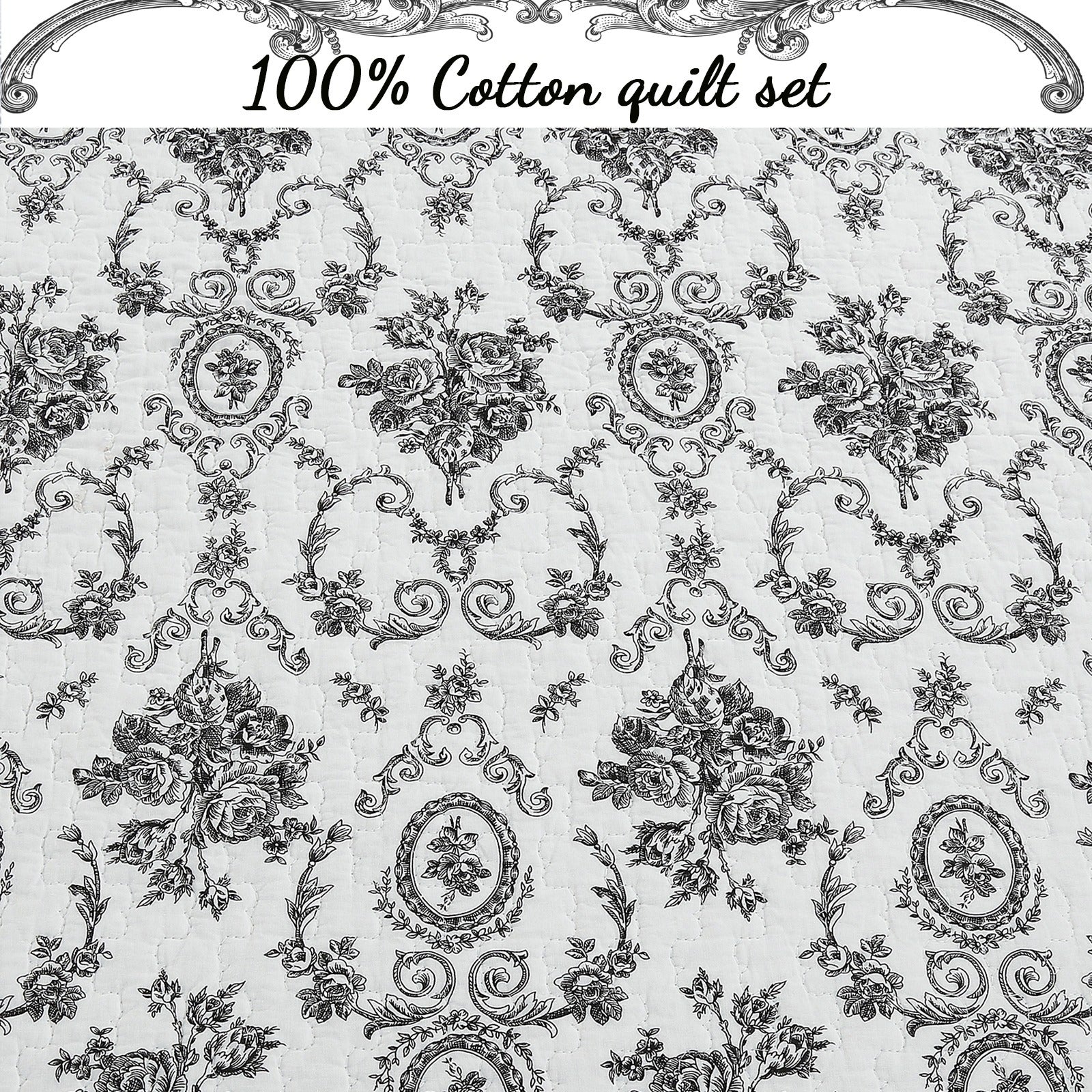 3pc 100 Cotton French Medallion Floral Quilt Bedding Set, Lightweight Bedspread Coverlet for All Seasons