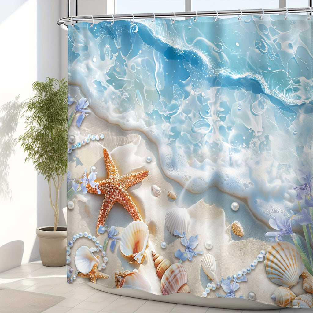 1\u002F4pcs - Beach Shower Curtain Set, Dreamy Waves Beach Flowers Starfish Shells Ocean Waterproof Shower Curtain With 12 Hooks, Non-slip Bathroom Floor Mat, Toilet U-shaped Mat, Cover Mat, Shower Decoration Accessories