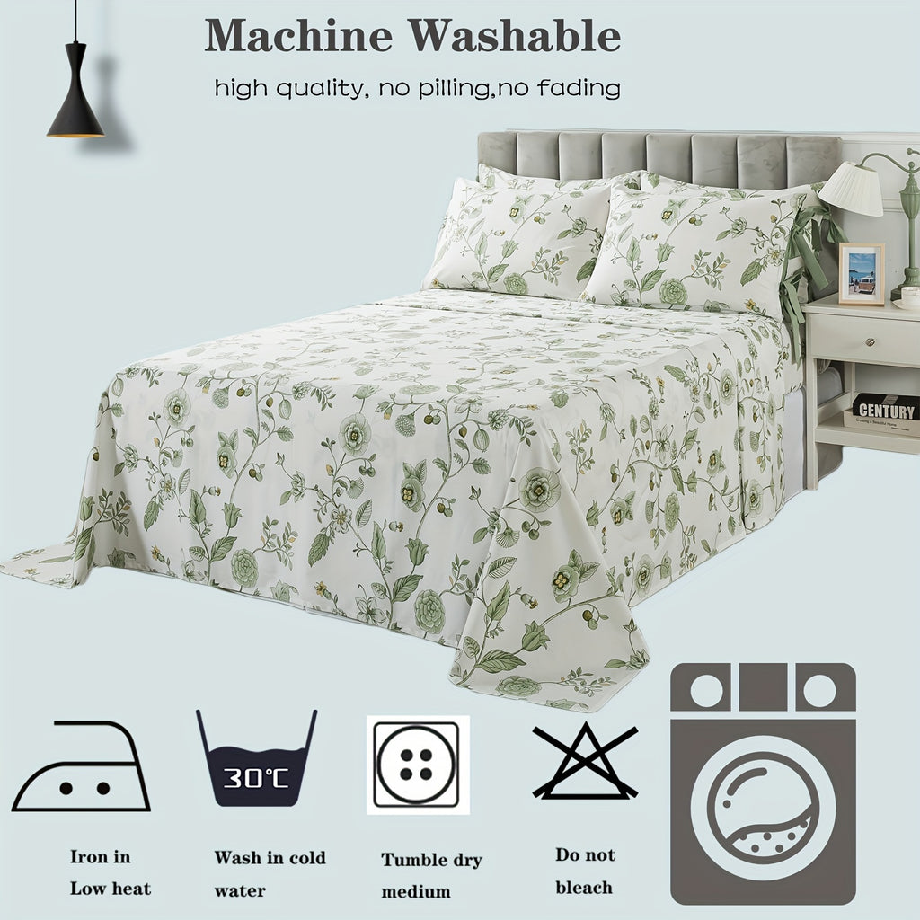 Green Floral Bed Sheets 100% Percale Cotton 4pcs Deep Pocket Botanical Sheets Flower Leaves Print Super Soft Breathable Cooling Crisp White Sheets for All Season