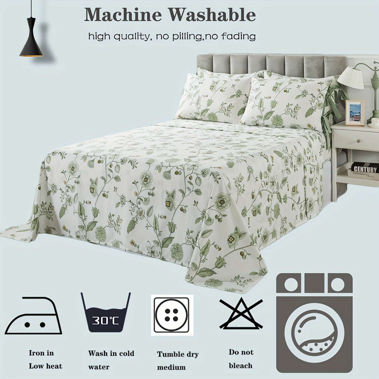 Green Floral Bed Sheets 100% Percale Cotton 4pcs Deep Pocket Botanical Sheets Flower Leaves Print Super Soft Breathable Cooling Crisp White Sheets for All Season