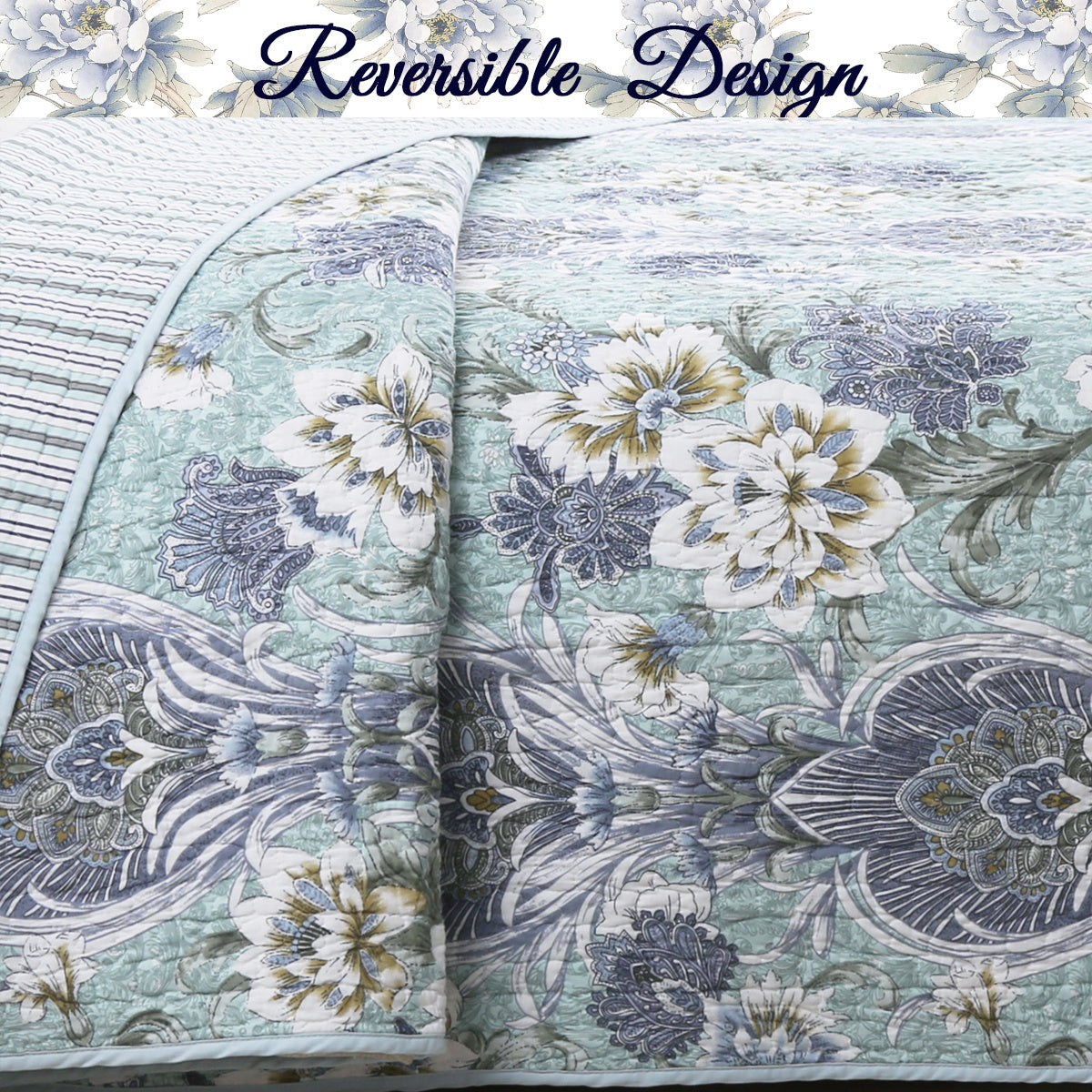 100 Cotton Floral Aqua Teal Blue Reversible Quilt Bedding Set, Lightweight Bedspread Coverlet for All Seasons