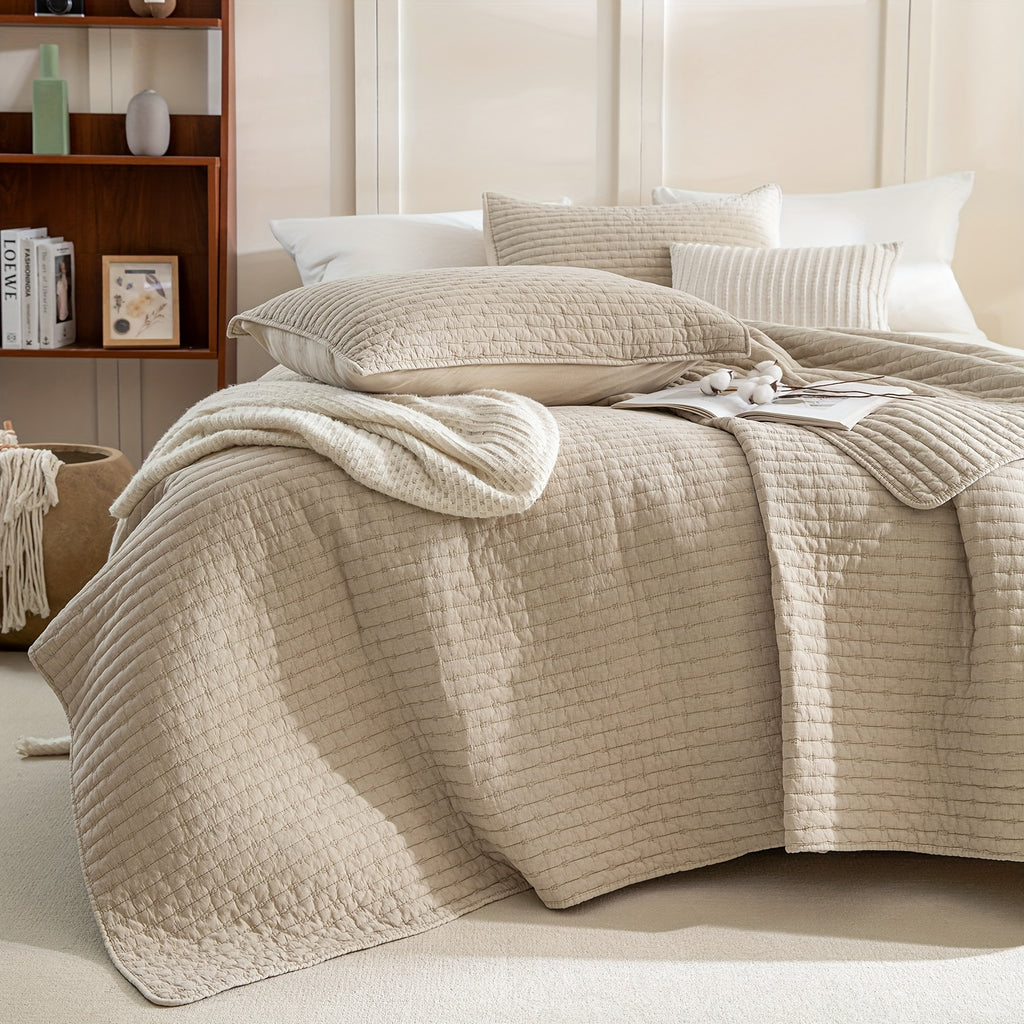 Stonewashed Cotton Coverlet, Olive Green Ultra Soft Crinkle Quilt Bedding Set 3pcs Cross Stitch Pattern Lightweight Breathable Bedspread Set for All Season