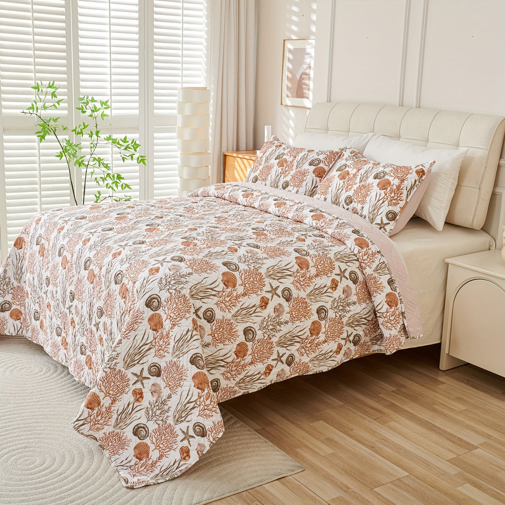 2\u002F3pcs New Ocean Shell Pattern Thin Quilt Set, Comfortable Polyester Quilt, Washable, with Pillowcase (No Filling), Suitable for Bedroom, Guest Room, Room Decoration