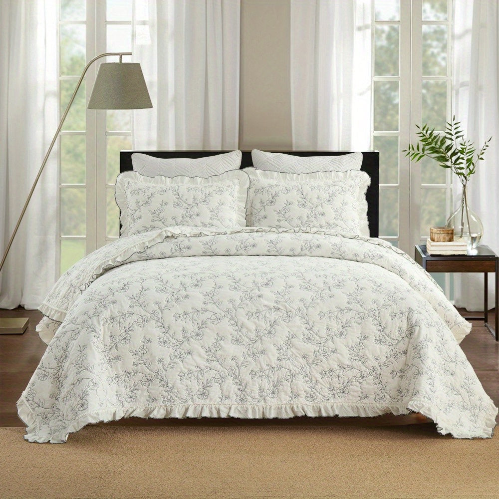 3pcs Floral Ruffled Cotton Oversize Quilt Set Bedspread Set Queen\u002FKing Size Reversible Bedding Set, Coverlet (1 Quilt+2 Pillowshams)