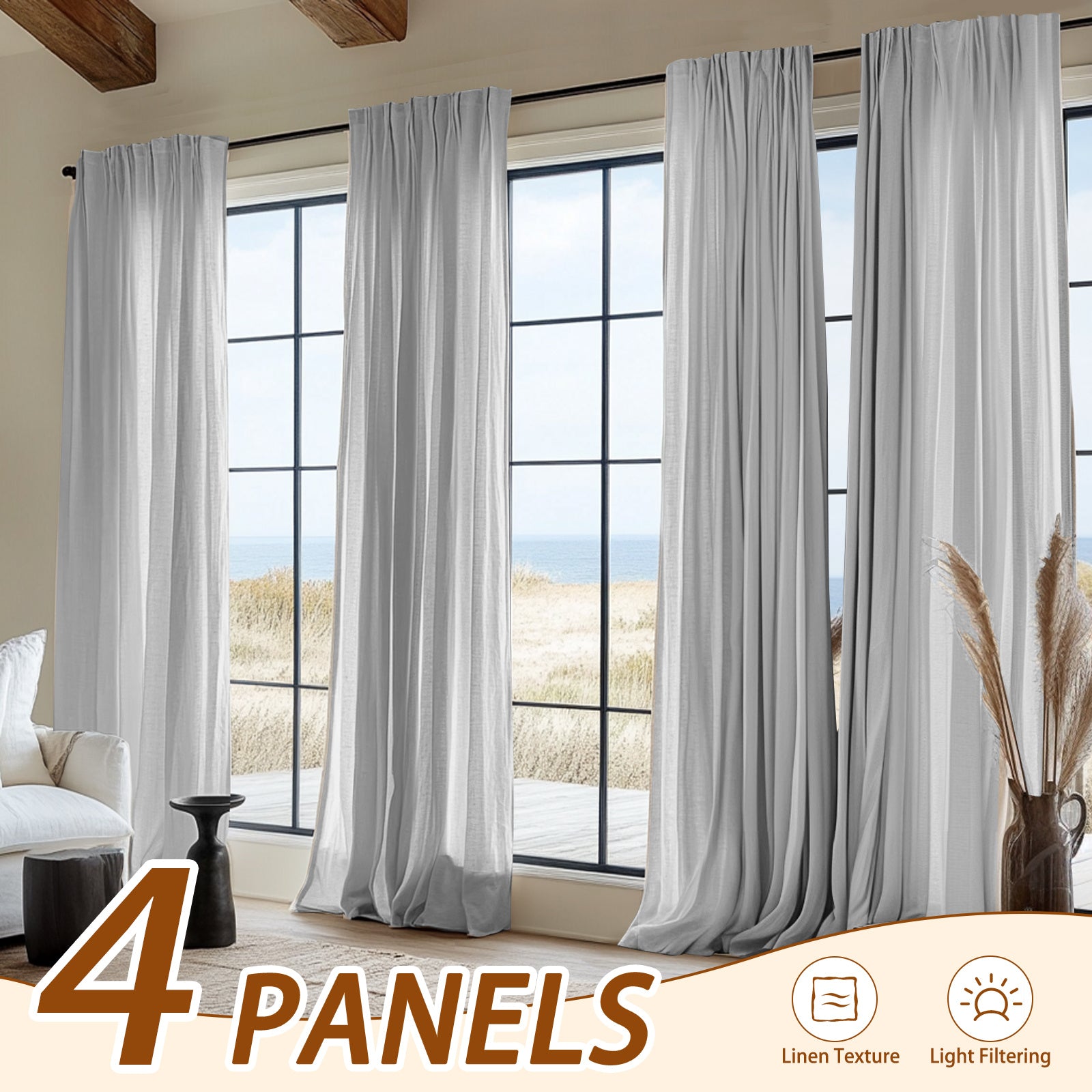 4pcs Elegant Beige Linen Curtains - Light Filtering, Rod Pocket Design for Easy Hanging, Perfect for Living Room & Bedroom - Modern Farmhouse Style, Machine Washable, Curtains for Living Room, JINCHAN