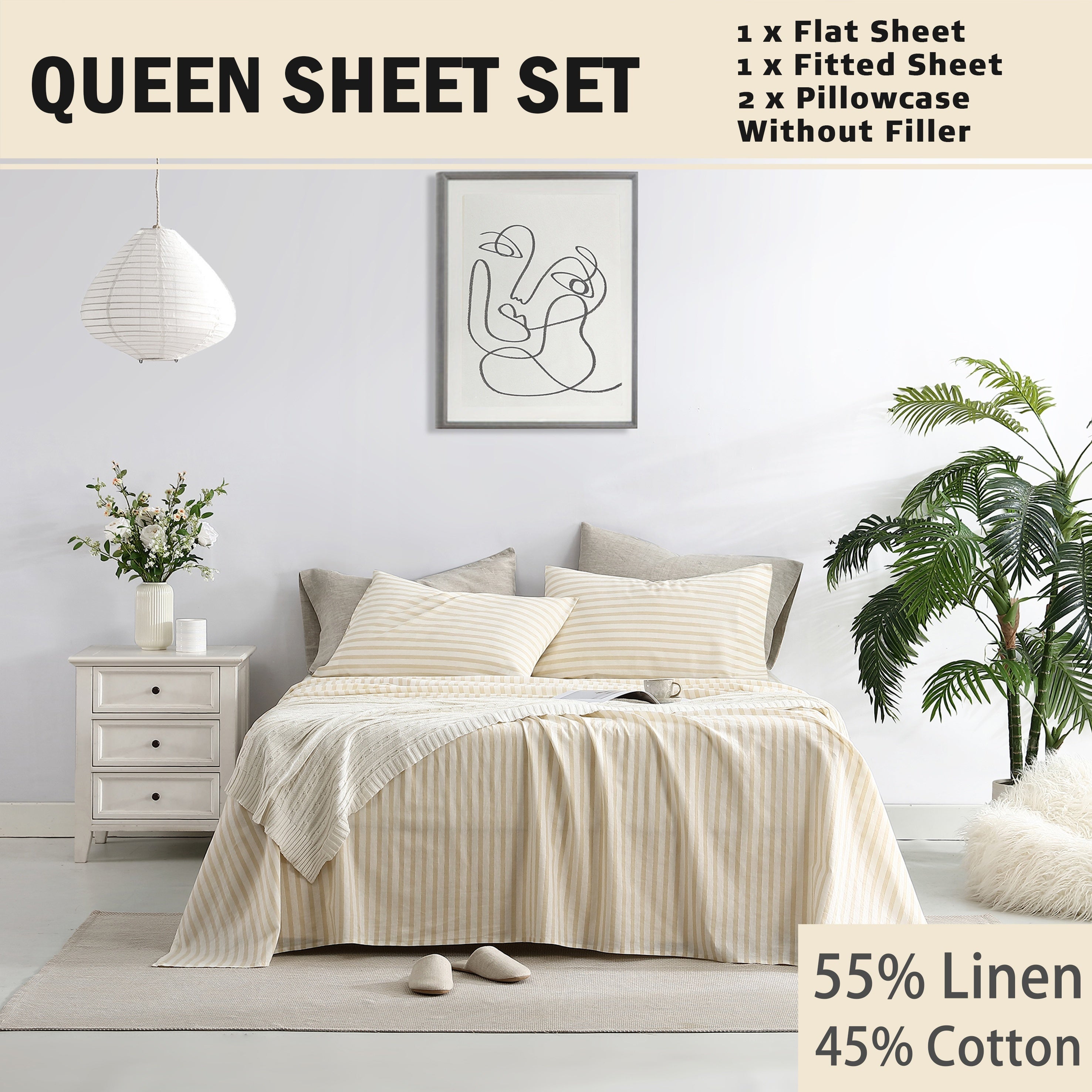 Queen Sheet Set 4 Pcs - 55% Linen, 45% Cotton Striped Sheet Set, Farmhouse, Breathable & Soft, Include Flat Sheet X 1, Fitted Sheet X 1, Pillowcase X 2