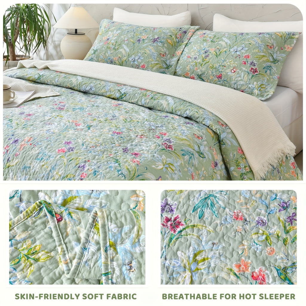 100% Cotton Floral Quilt - Green Floral Quilted Bedspreads Set, 3pcs Green Flower Bird Butterfly Print Botanical Quilt Bedding Coverlet Summer Soft Lightweight Aesthetic Bedding