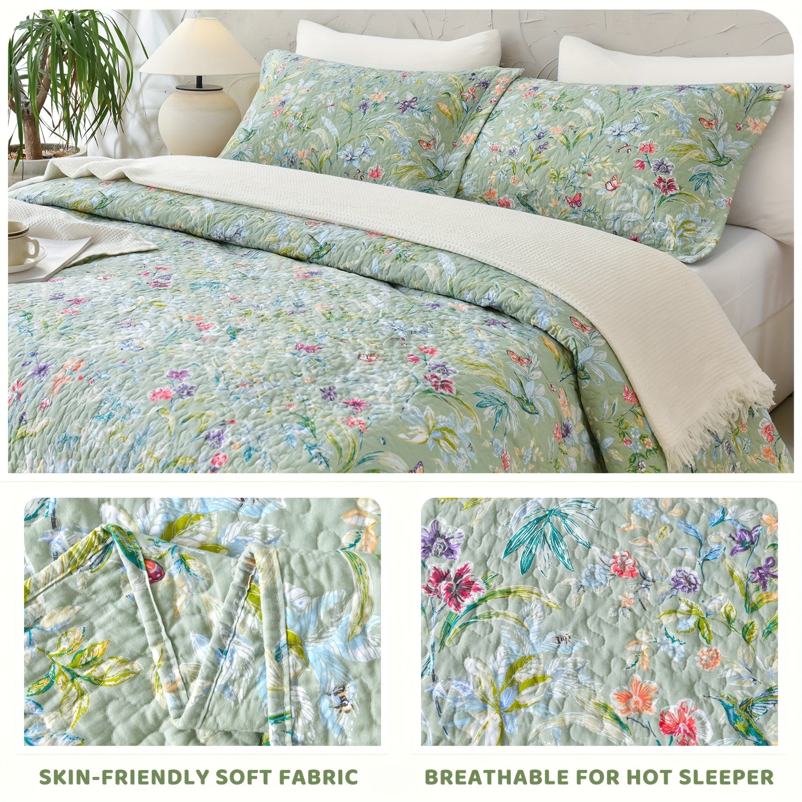 100% Cotton Floral Quilt - Green Floral Quilted Bedspreads Set, 3pcs Green Flower Bird Butterfly Print Botanical Quilt Bedding Coverlet Summer Soft Lightweight Aesthetic Bedding