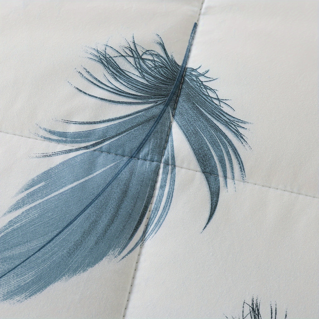 100% Cotton Feather Print Thin Bedding Comforter Set, Off White Light Blue Plume Pattern Reversible Ultra Lightweight Comforter, Elegant Farmhouse Bed Sets, for Summer, 3pcs