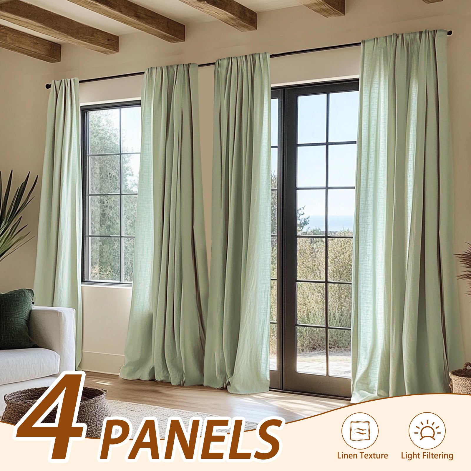 4pcs Elegant Beige Linen Curtains - Light Filtering, Rod Pocket Design for Easy Hanging, Perfect for Living Room & Bedroom - Modern Farmhouse Style, Machine Washable, Curtains for Living Room, JINCHAN