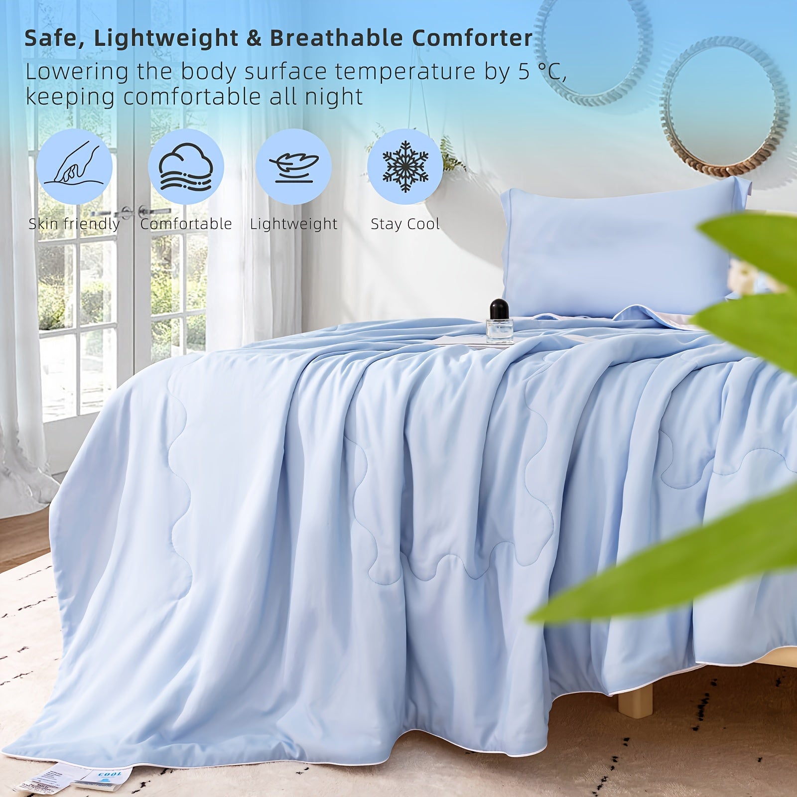 Three Geese Cooling Comforter King Size - Lightweight Soft Breathable Summer Comforter For Hot Sleepers And Night Sweats, Stay Cool All Night, Double Stitch, Q-Max\u003E 0.4 Ultra Soft Cooling Throw Cooling Blanket, Light Blue 106x90