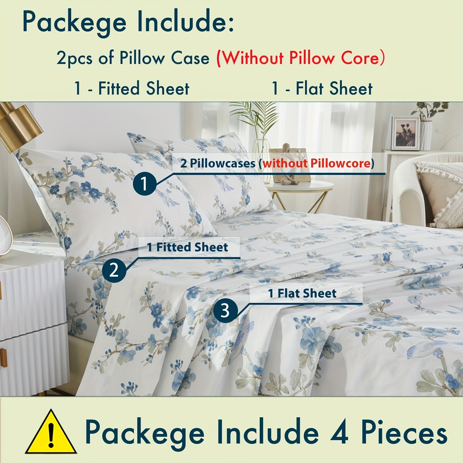 4pcs 600TC 100% Egyptian Cotton Fitted Sheet Set (1*Fitted Sheet + 1*Flat Sheet + 2*Pillowcase, Without Core), Luxury Blue Watercolor Floral Bedding Set, for Bedroom Guest Room Student Dorm All Seasons