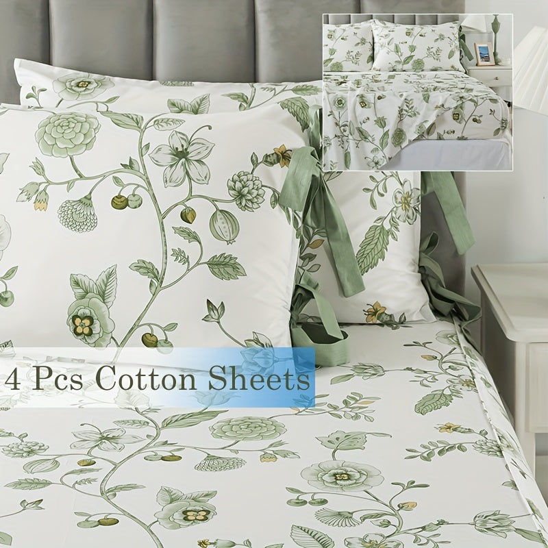Green Floral Bed Sheets 100% Percale Cotton 4pcs Deep Pocket Botanical Sheets Flower Leaves Print Super Soft Breathable Cooling Crisp White Sheets for All Season