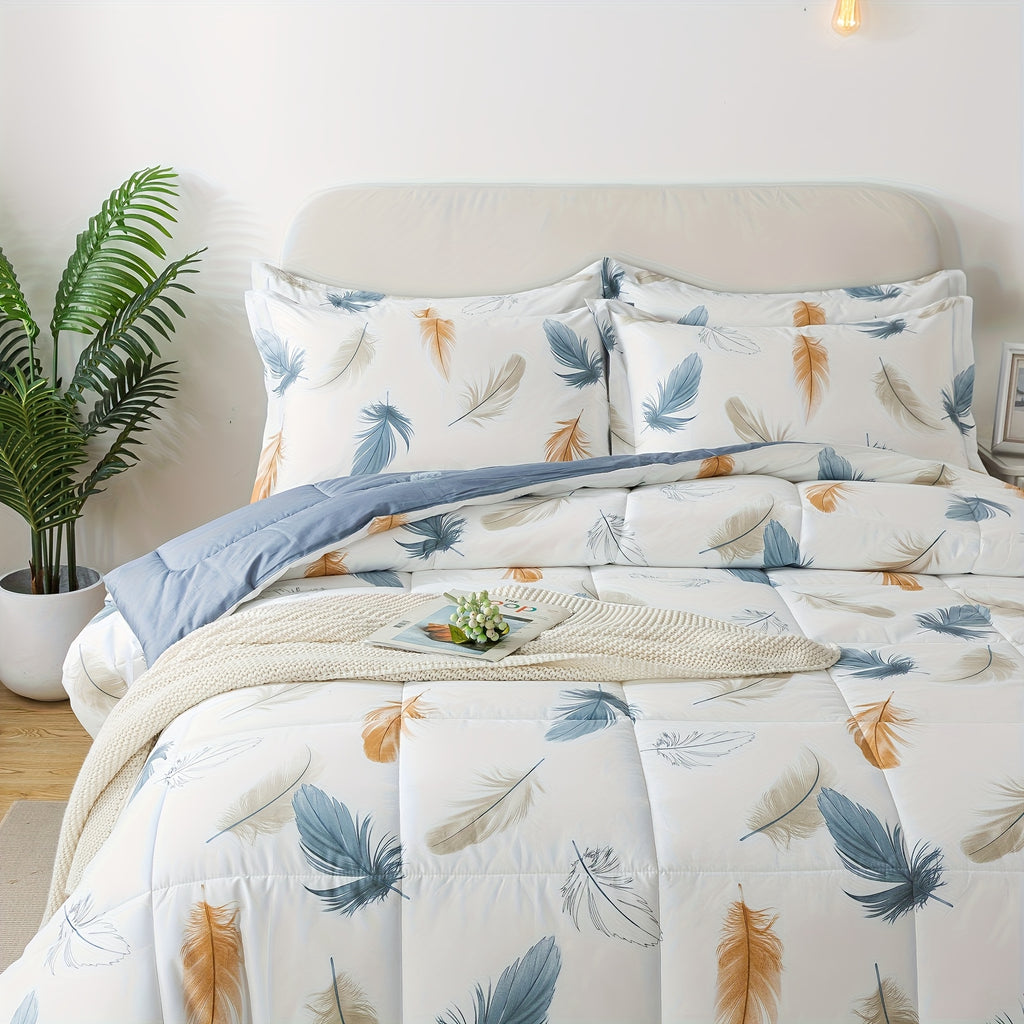 100% Cotton Feather Print Thin Bedding Comforter Set, Off White Light Blue Plume Pattern Reversible Ultra Lightweight Comforter, Elegant Farmhouse Bed Sets, for Summer, 3pcs