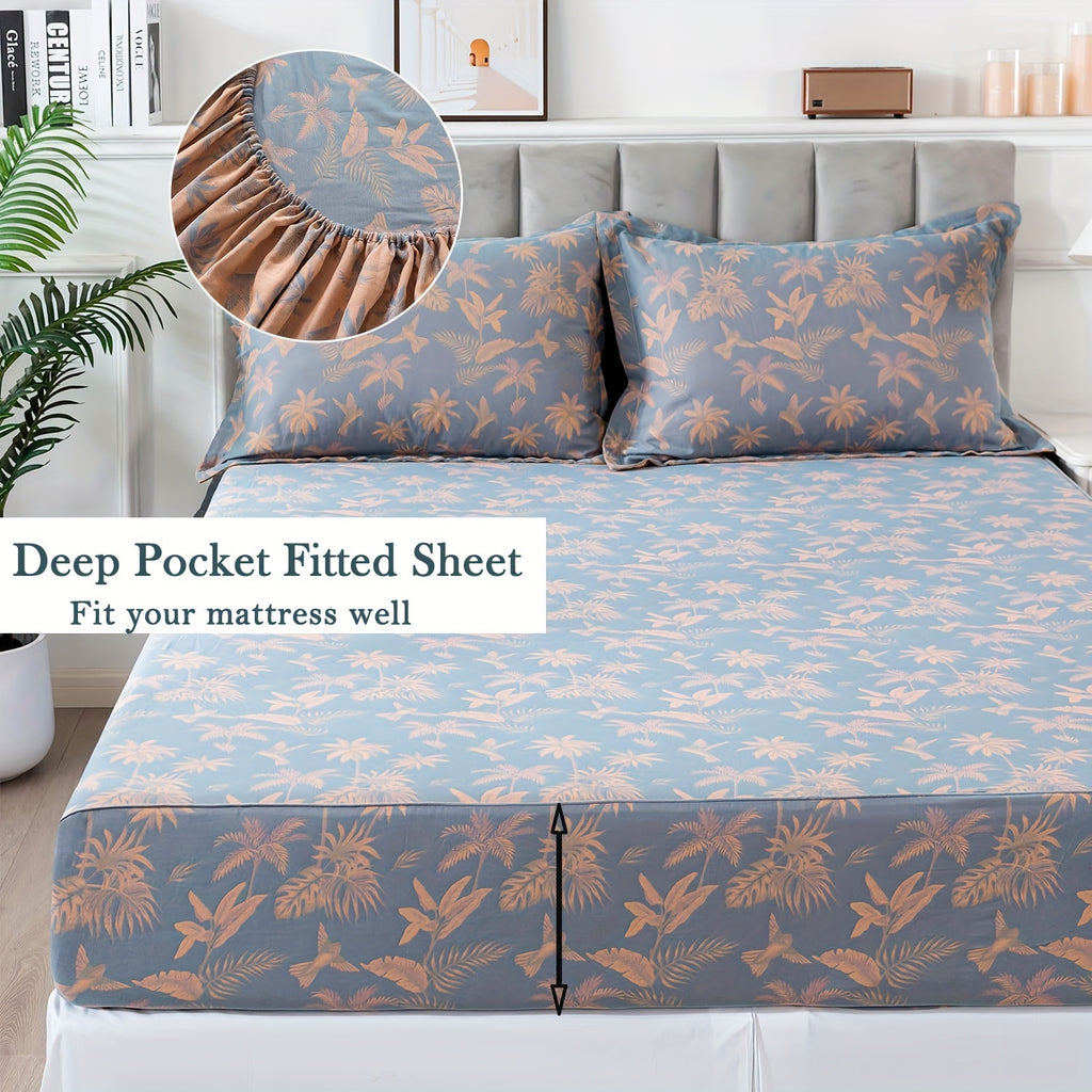 100% Cotton Double Gauze Floral Sheets Set Dirty Blue Tropical Bird Bed Sheet Shabby Vintage Bedding Orange Coconut Tree Printed Deep Pocket Sheets Luxury Soft Breathable, 4pcs