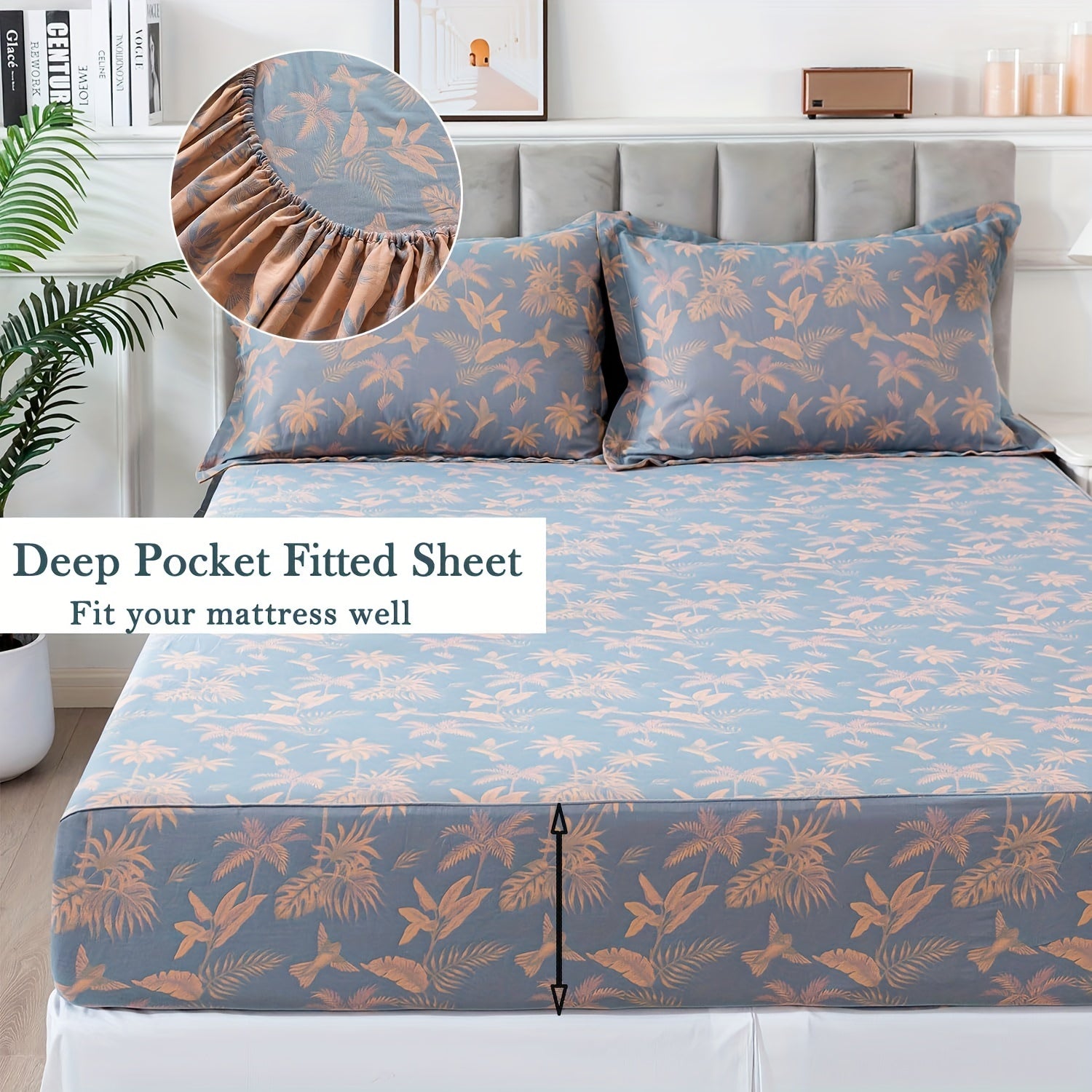 100% Cotton Double Gauze Floral Sheets Set Dirty Blue Tropical Bird Bed Sheet Shabby Vintage Bedding Orange Coconut Tree Printed Deep Pocket Sheets Luxury Soft Breathable, 4pcs