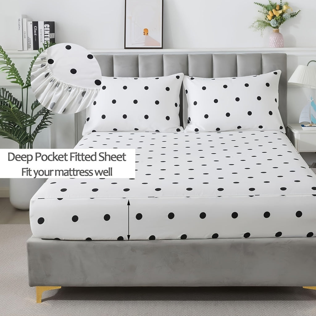 4pcs SoftTouch Bedding Set - 100% Polka Dot Twin\u002FFull\u002FQueen\u002FKing Sheets with Pillowcases, Breathable Twill Weave, All-Season, Machine Washable, Active Printing, Deep Pocket
