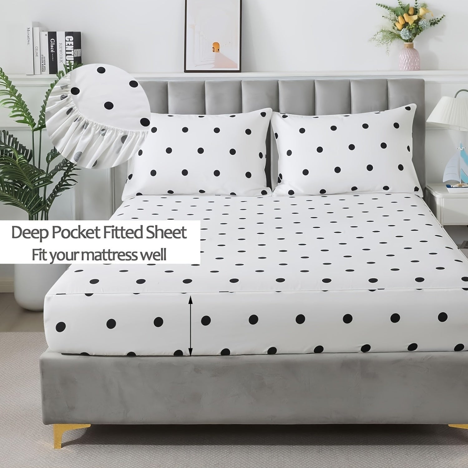 4pcs SoftTouch Bedding Set - 100% Polka Dot Twin\u002FFull\u002FQueen\u002FKing Sheets with Pillowcases, Breathable Twill Weave, All-Season, Machine Washable, Active Printing, Deep Pocket