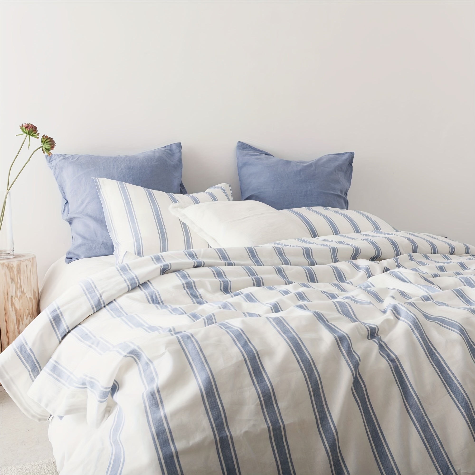 Queen Size Linen And Cotton Comforter Set 3 Pcs, Farmhouse Striped Comforter Set, Soft And Breathable Bedding, 55% Linen, 45% Cotton, Includes 1 Comforter, 2 Pillowcases